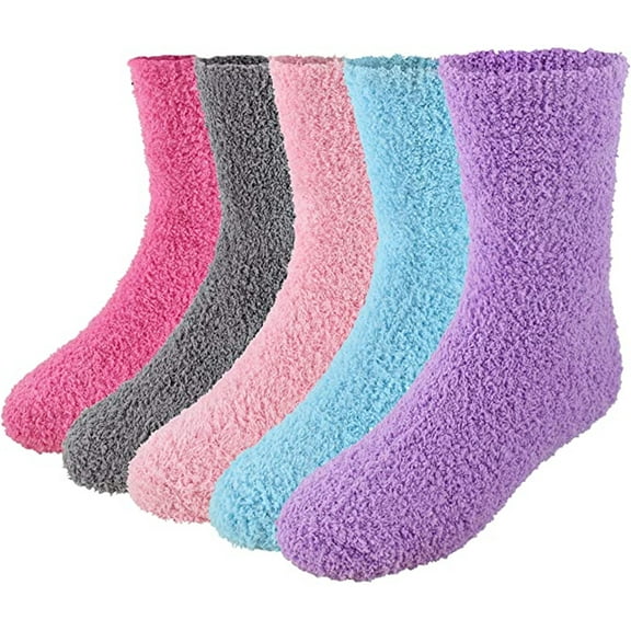 Market & Layne Adult Fuzzy Socks / Soft Cozy Crew Socks for Women - 5 Pairs