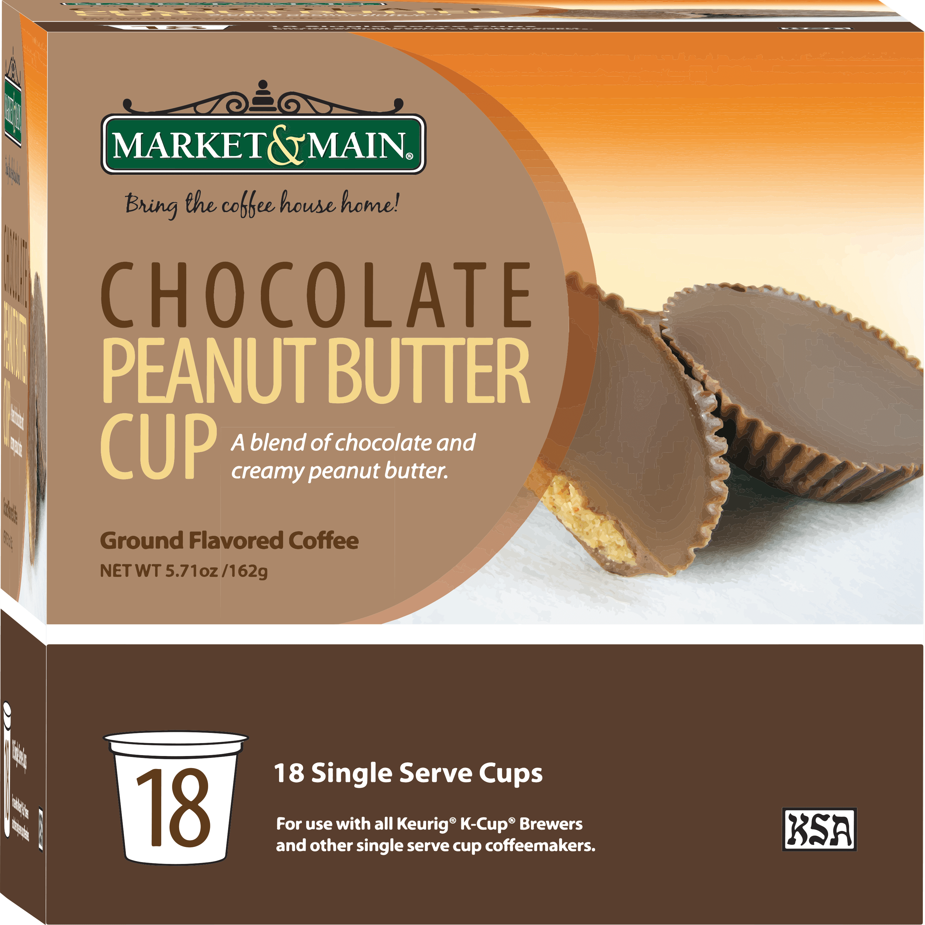 Market & Main Kosher Chocolate Peanut Butter Medium Roast, Keurig Coffee Pods, 18 Ct