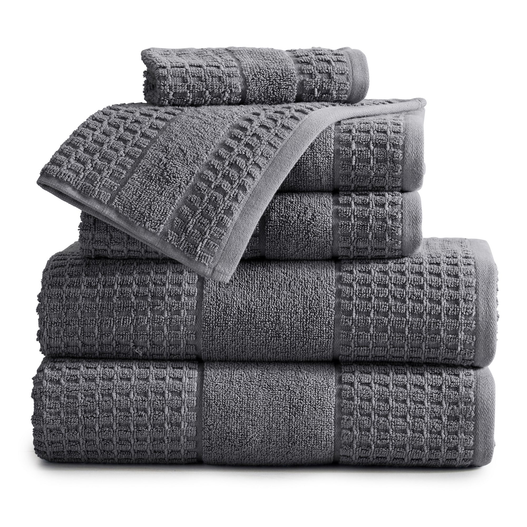 Market & Place 100% Cotton Waffle Weave 6-Piece Bath Towel Set, Dark Grey