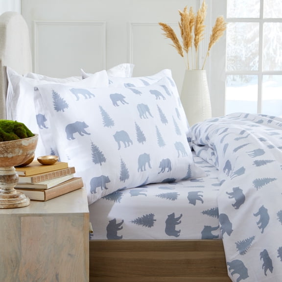 Market & Place Alpine Printed 100% Cotton Flannel Sheet Set, King, Grey Bears, 4-Pieces