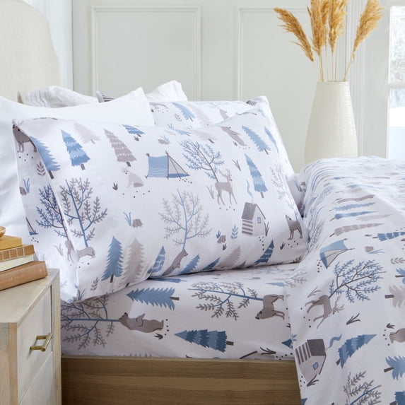 Market & Place Alpine Printed 100% Cotton Flannel Sheet Set, King, Winter Wildlife, 4-Pieces