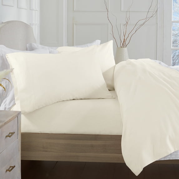 Market & Place Chalet Solid Cotton Flannel Sheet Set, Queen, Ivory, 4-Piece