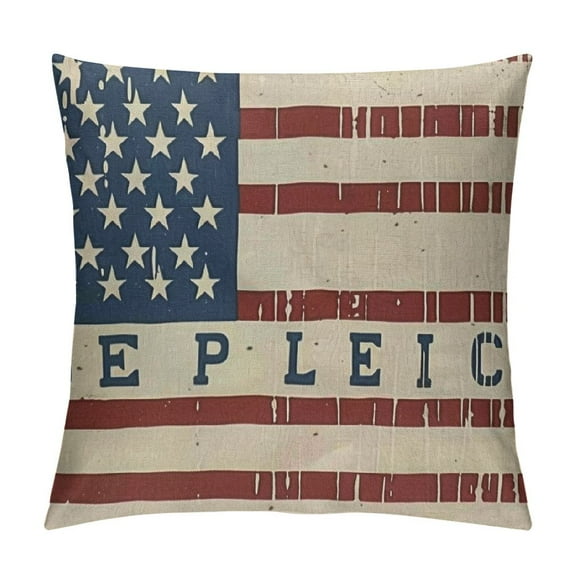 Market Place Red Ticking Flag Throw Pillow Cover, Red White & Blue Flag Patch, Country Primitive Farmhouse Americana, Patriotic, Independence Day …