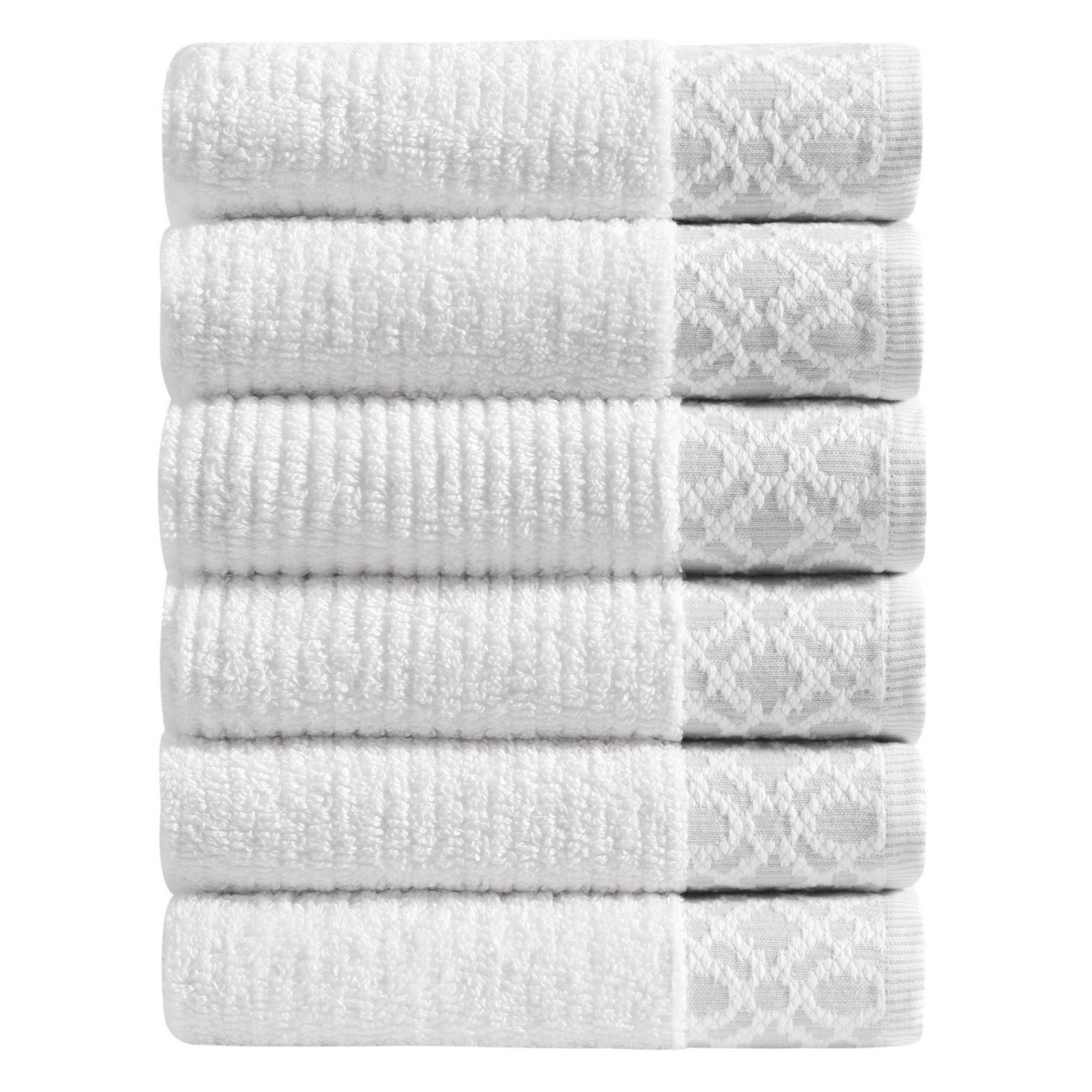 Market & Place Turkish Cotton Jacquard 6-Piece Hand Towel Set, White/Light Grey