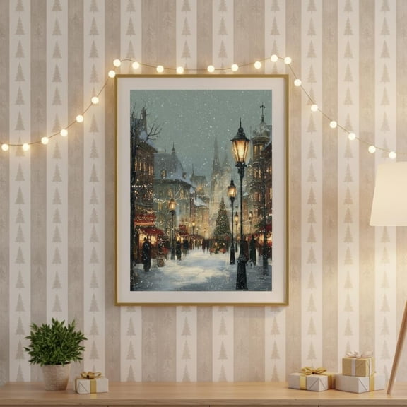 Market Print | Vintage Festive Winter Town Scene | Victorian Lit Town Wall Art, Unframed Canvas Size 16x24