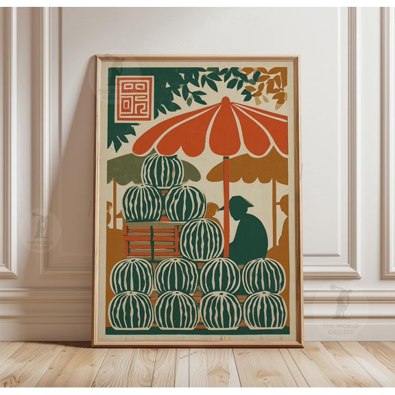 Market Scene Poster Watermelon Stall Print Folk Art Illustration Style Wall Art 1
