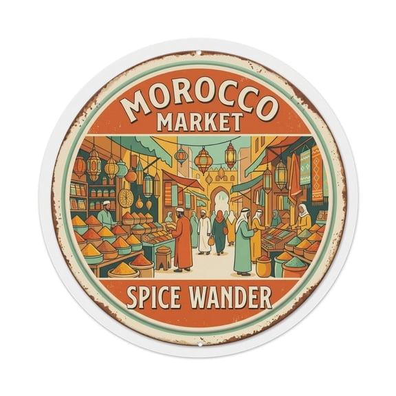 Market Spice Wander Morocco Bazaar Vintage Metal Tin Sign Plaque Wall Decor for Cafe, Club, Garden Round Metal Poster 8x8Inch