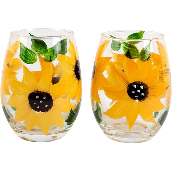 Market Street Gallery - Hand-Painted Sunflower Stemless Wine Glass Set - Rustic Country Farmhouse Decor - Kitchen Gift, Set of 2