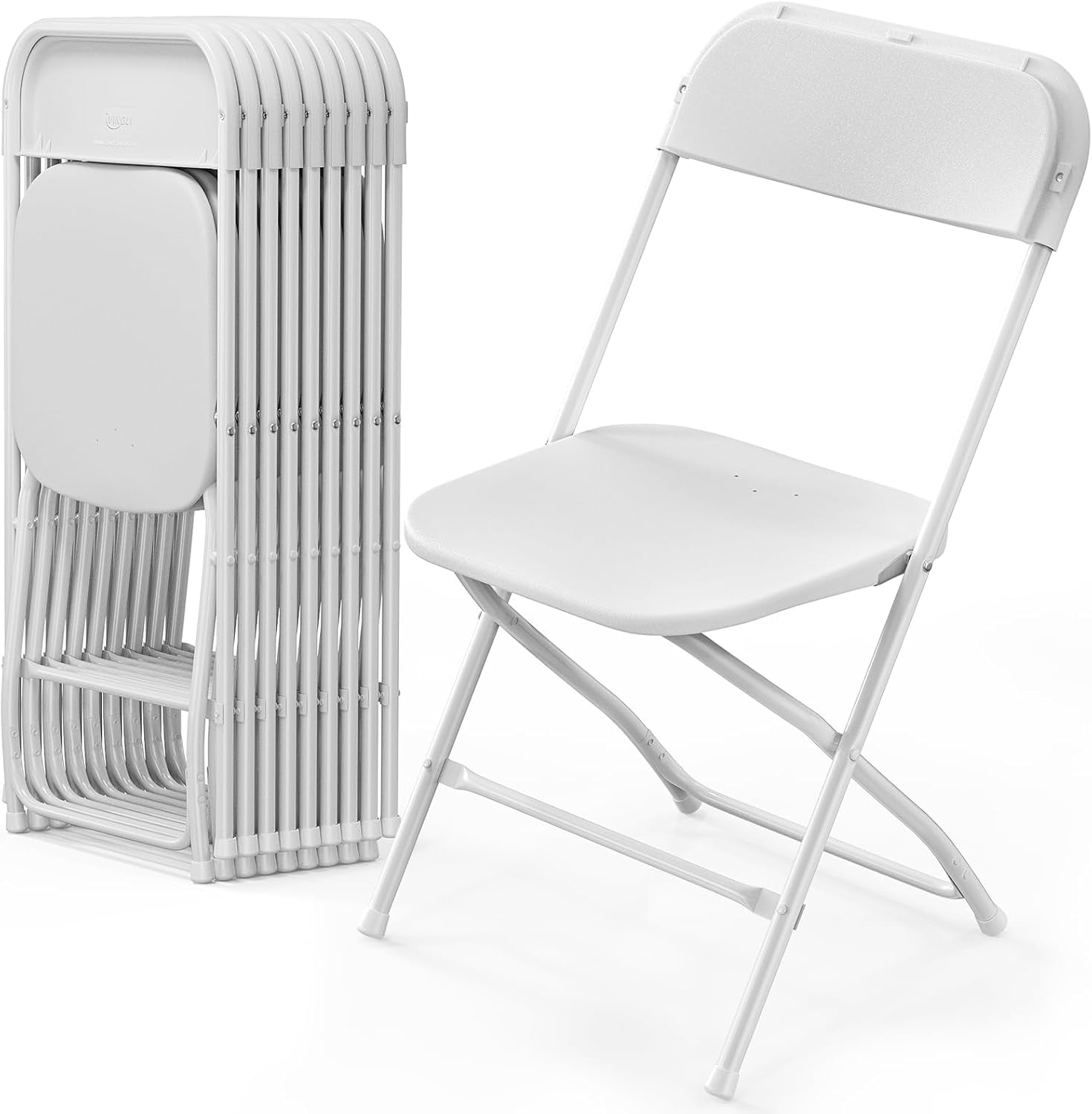 White Plastic Folding Chairs with Steel Frame, Set of 10