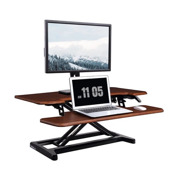 MarketLane 27.6 inch Desk Converter, K Series, Height Adjustable Sit to Stand Riser, Dual Monitor and Laptop Workstation with Wide Keyboard Tray, Dark Walnut Top, Black Frame