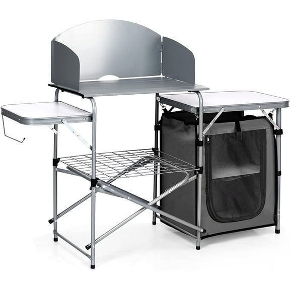 MarketLane Folding Camping Kitchen Table, Aluminum Portable Camping Grill Table with Windscreen, Cook Station, Outdoor Quick Set-up Camp Cook Table with Storage Organizer Shelves, Carry Bag