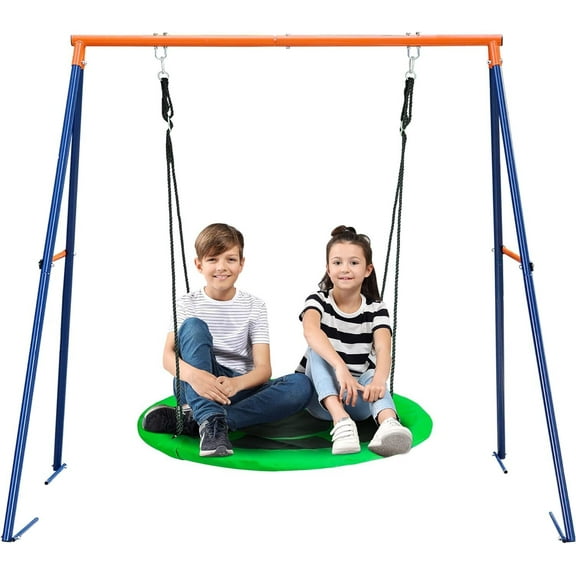 MarketLane Outdoor Kids Swing Set 40 inch Saucer Swing with Frame Combo, Saucer Tree Swing and Heavy Duty Steel A Frame Playset for Backyard, 4 Ground Stakes and Adjustable Ropes,Green
