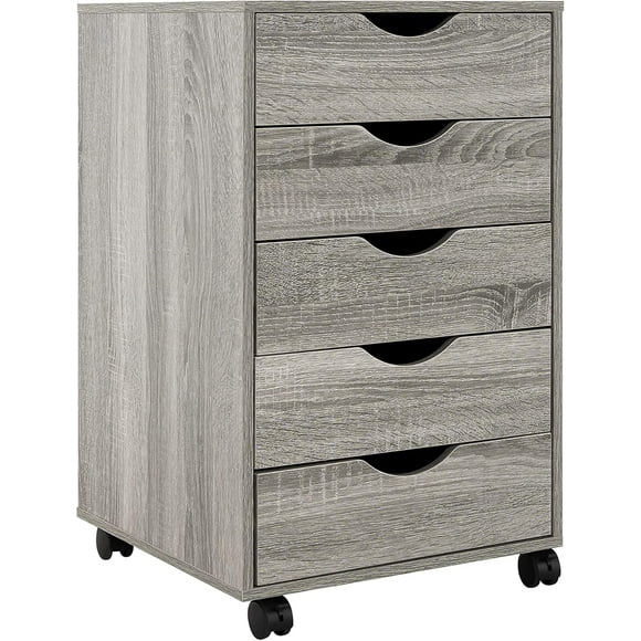 MarketLane Taylor 5 Drawer Chest, Wood Storage Dresser Cabinet with Wheels, Craft Storage Organization, Makeup Drawer Unit for Closet, Bedroom, Office File Cabinet 180 lbs Total Capacity - Gray Oak