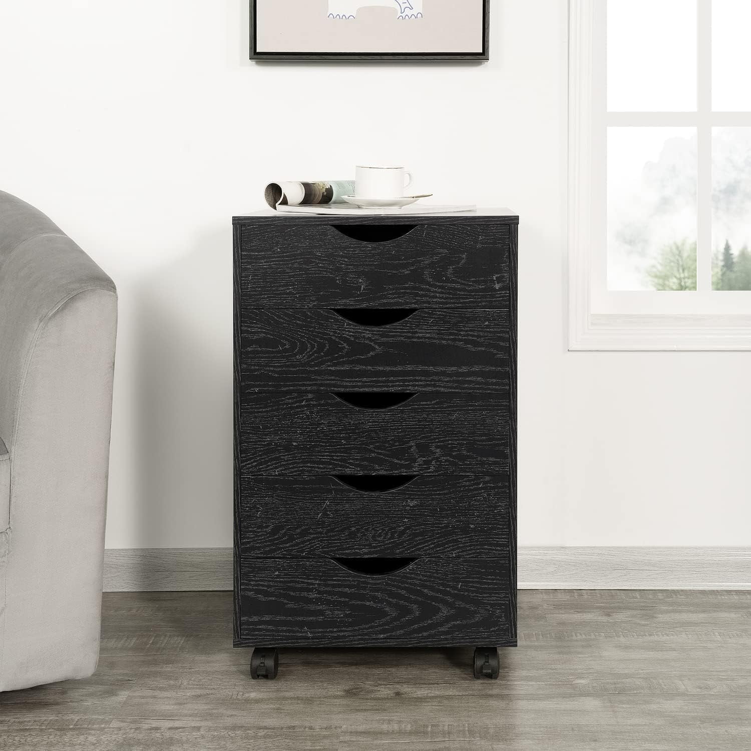 Distressed Black Mobile 5-Drawer Wood Storage Cabinet