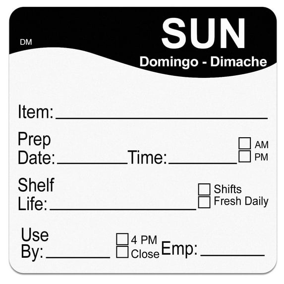 MarketPRO DayMark DissolveMark Square Sunday Dimanche Domingo Day of the Week Dissolvable Removable Label Black | 250/Roll