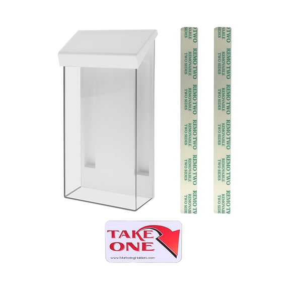 Marketing Holders Outdoor Brochure Holder Holds 4" x 9" Trifolds Wall Mount Clear with White Lid Acrylic Rack Cards Box with Lid Includes Take One Sticker Adhesive Strips Advertising Display