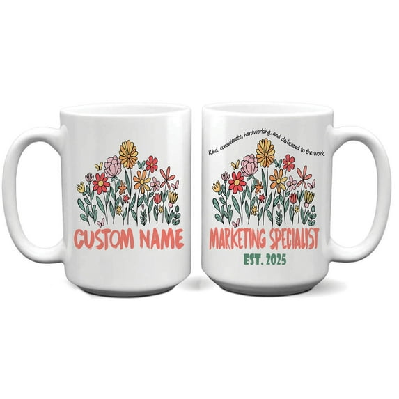 Marketing Specialist Mug – Custom Name Coffee Cup Gift – Nature-Themed Ceramic Mug – Ideal for Office Workers or Creative Professionals