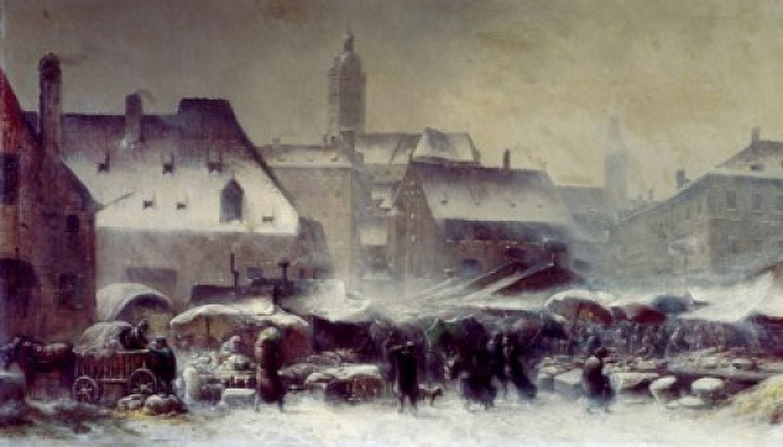 Marketplace in Munich Winter by Anton Doll (1826-1887) Canvas Art - Anton Doll (18 x 24)