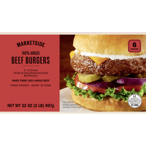 Marketside 100% Angus Beef Burgers, 6 Count, 2lb (Frozen)