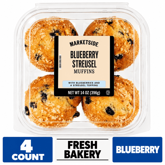 Marketside Baked Blueberry Streusel Muffins, Soft & Moist, 14 oz, 4 pack
