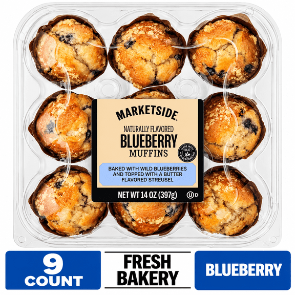 Marketside Baked Blueberry Muffins, 14 oz, 9 Count (Bakery Fresh, Shelf Stable)