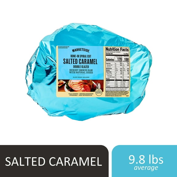 Marketside Natural Juice Bone-In Spiral-Cut Salted Caramel Double Glazed Hickory Smoked Ham, 8 - 12 Ibs, 14g of protein per serving