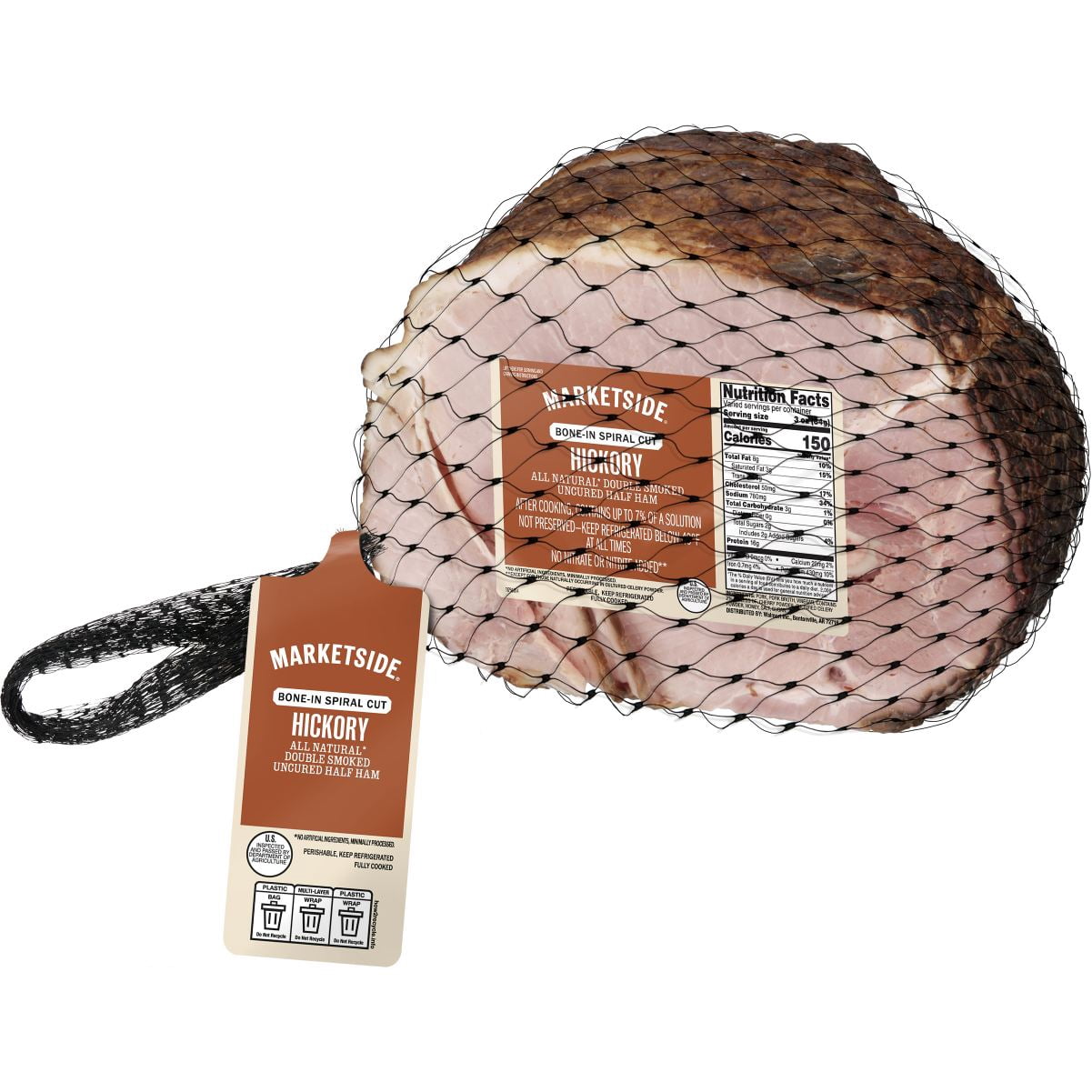 Marketside Bone-in Uncured Natural Juice Double Hickory Smoked Spiral Ham, Pork, 8-12 Pounds, 14 Grams of Protein per Serving