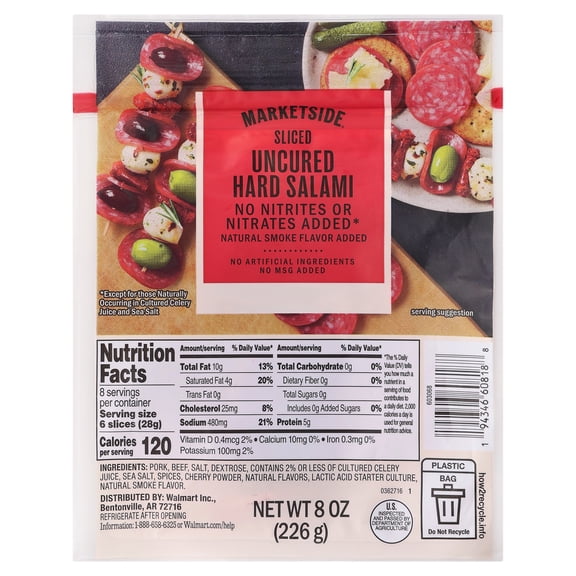 Marketside Sliced Uncured Hard Salami, 8 oz