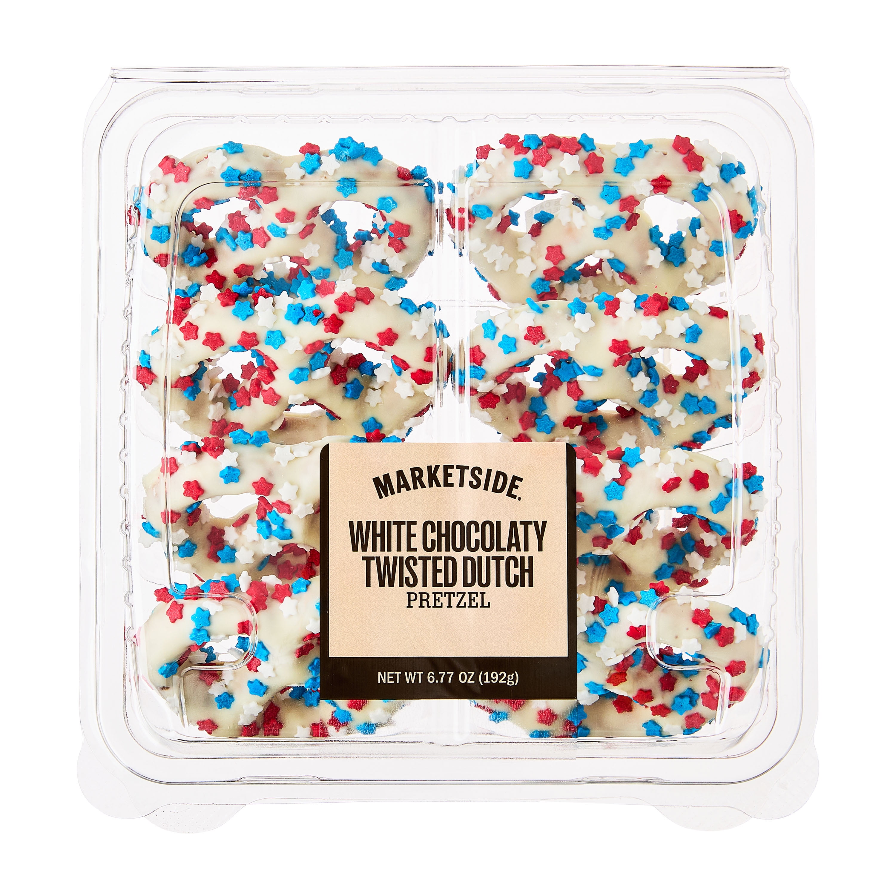 Marketside Dutch Style Pretzel White Chocolatey Covered with Patriotic Stars Produced in Peanut Free Facility