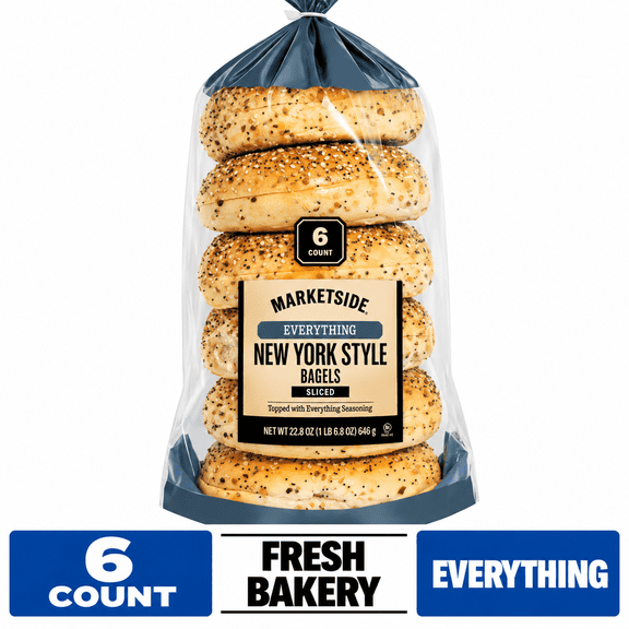 Marketside Fresh Pre-Sliced Everything Bagels, New York Style, 22.8oz, 6 Count