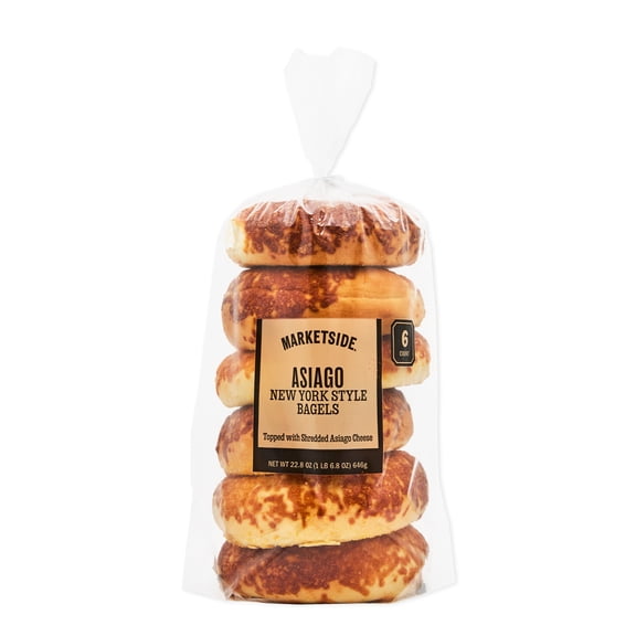 Marketside Fresh Asiago Cheese Bagels, Wheat and Barley Flour, Shelf-Stable, 22.8 oz, 6 Count