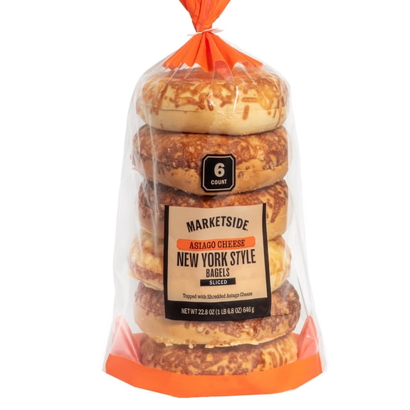 Marketside Fresh Pre-Sliced Asiago Cheese Bagels, New York Style, 22.8oz, 6 Count
