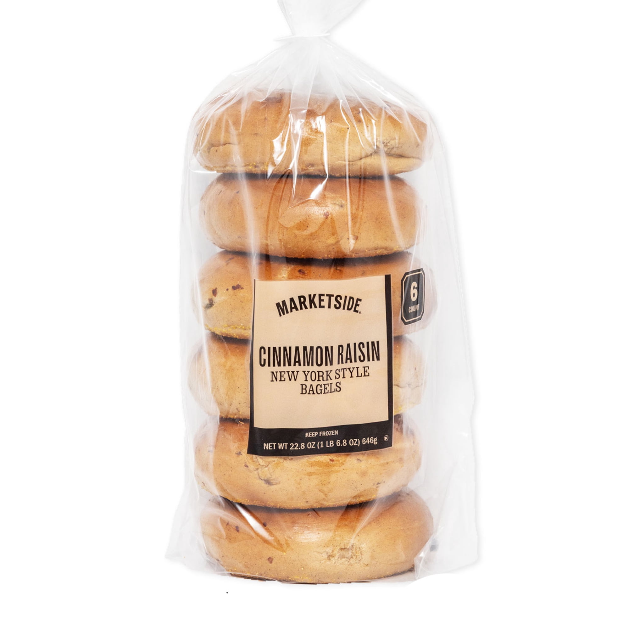 Marketside Fresh Cinnamon Raisin Bagels, Wheat and Barley Flour, Shelf-Stable, 22.8 oz, 6 Count