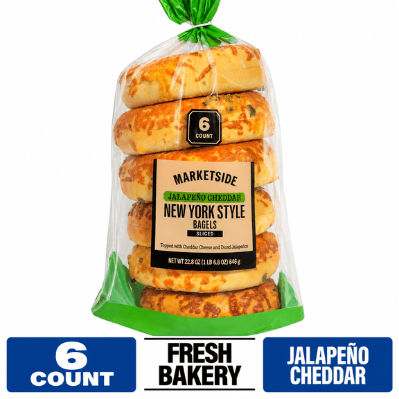 Marketside Fresh Pre-Sliced Jalapeno Cheddar Bagels, New York Style, 22.8oz, 6 Count