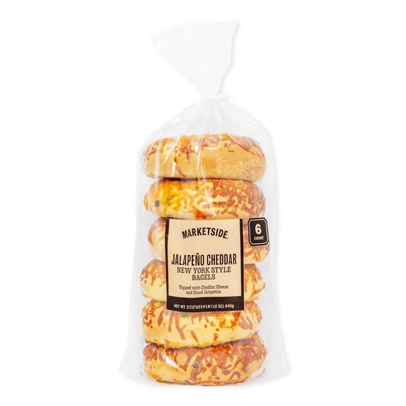 Marketside Fresh Jalapeno Cheddar Bagels, Wheat and Barley Flour, Shelf-Stable, 22.8 oz, 6 Count