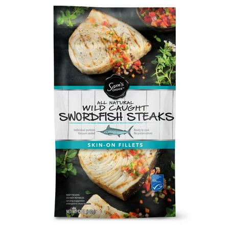Marketside Frozen All Natural Wild Caught Swordfish Steaks Skin-on Fillets Vacuum Sealed Portions 12 oz, Fish