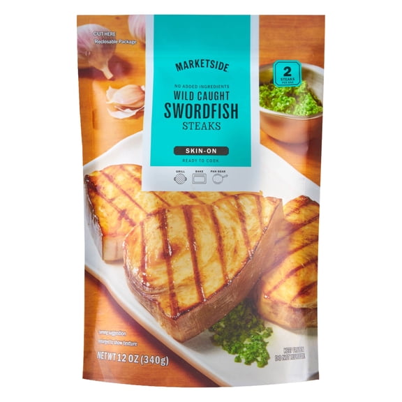 Marketside Frozen All Natural Wild Caught Swordfish Steaks Skin-on Fillets Vacuum Sealed Portions, 12 oz