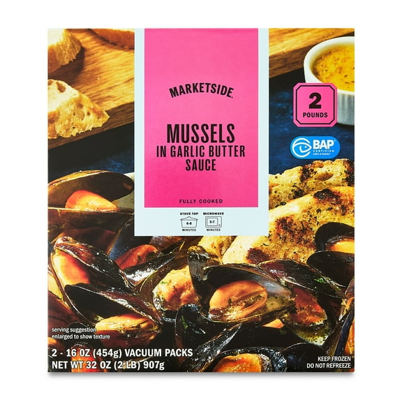 Marketside Fully Cooked Whole Shell Mussels in Garlic Butter Sauce, 32 oz (Frozen) contains milk (butter)