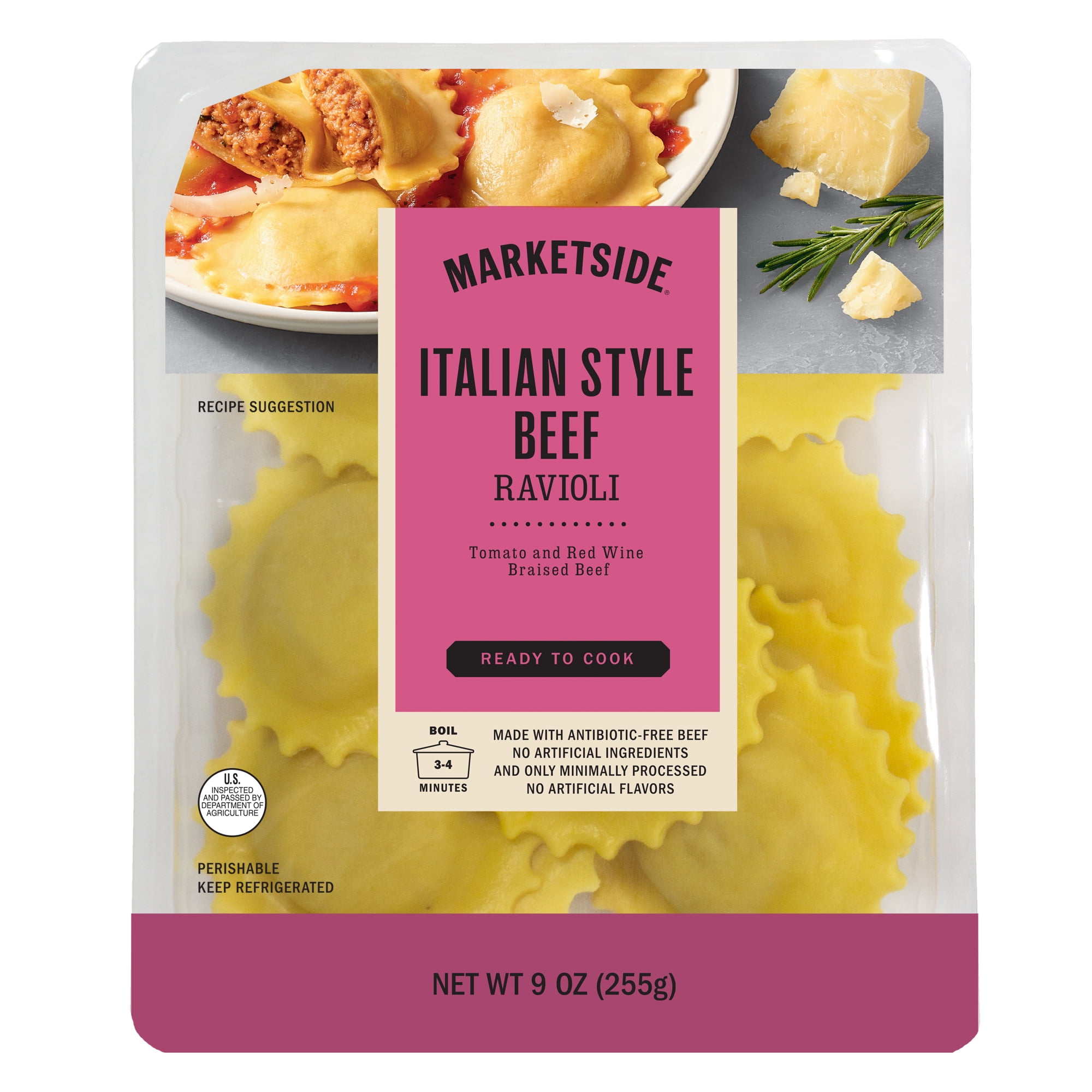 Marketside Italian Style Beef Ravioli, Fresh Artisanal Pasta, 9 oz Tray
