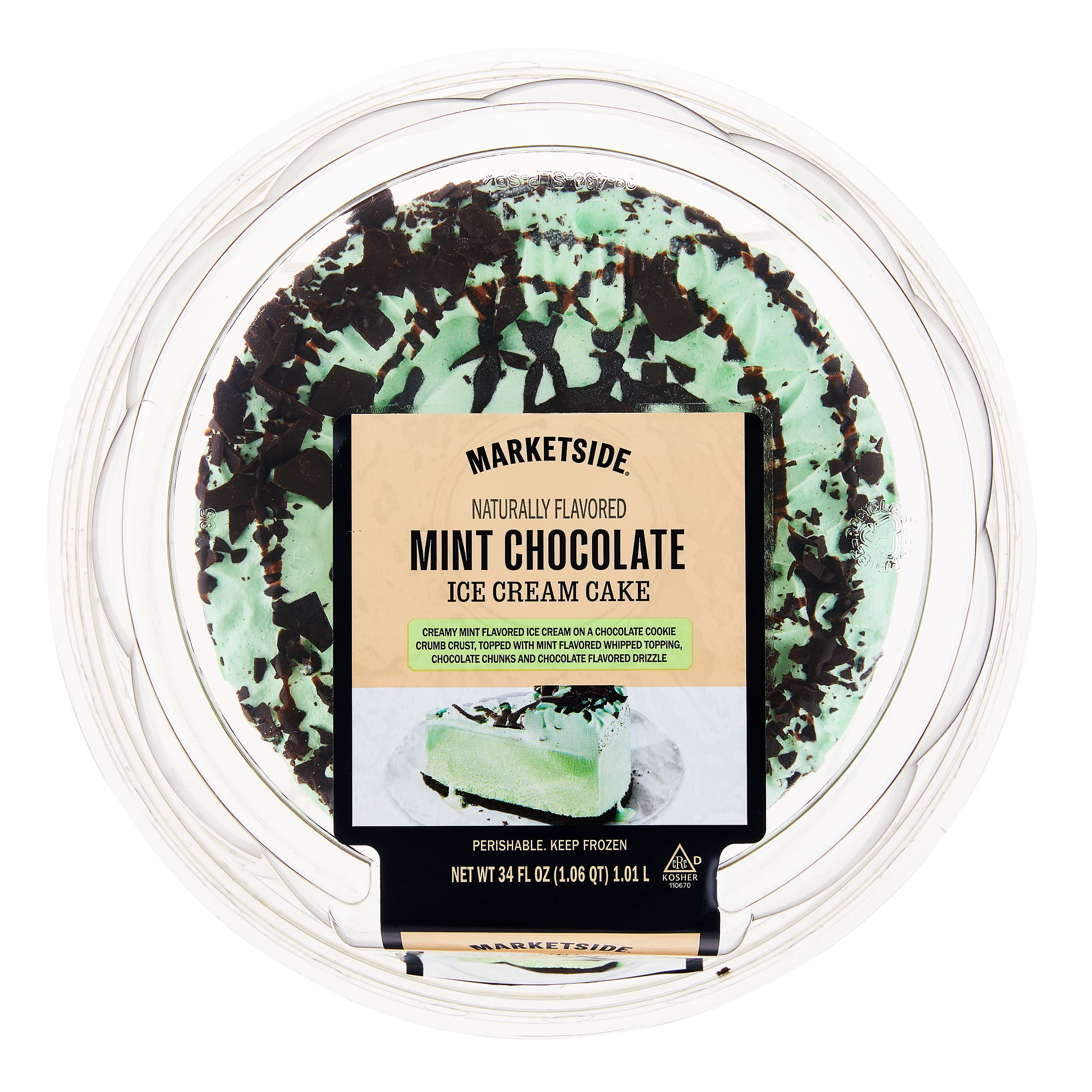 Marketside Mint Chip Ice Cream Cake, Chocolate Chunk Topping, Whipped Icing, 34 fl oz (Frozen Dessert)