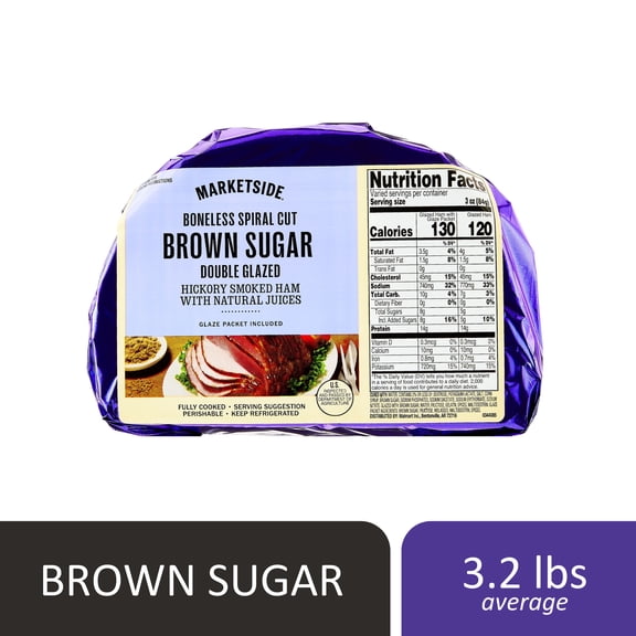 Marketside Natural Juice Boneless Spiral-Cut Brown Sugar Double Glazed Ham, Whole Muscle Cut, Pork, 3 - 4.8 lbs, 13g grams of protein per serving