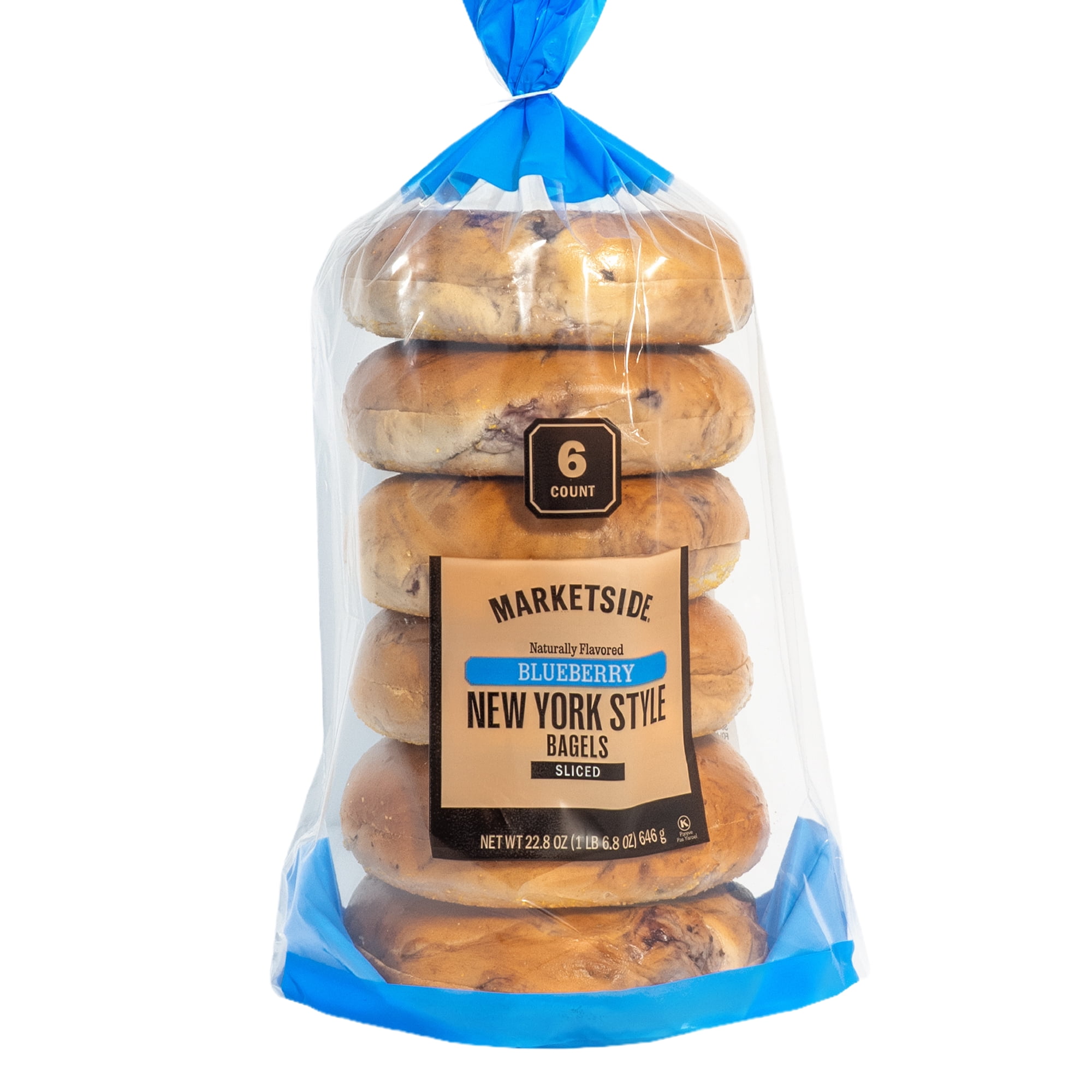 Marketside Fresh Pre-Sliced Naturally Flavored Blueberry Bagels, New York Style, 22.8oz, 6 Count