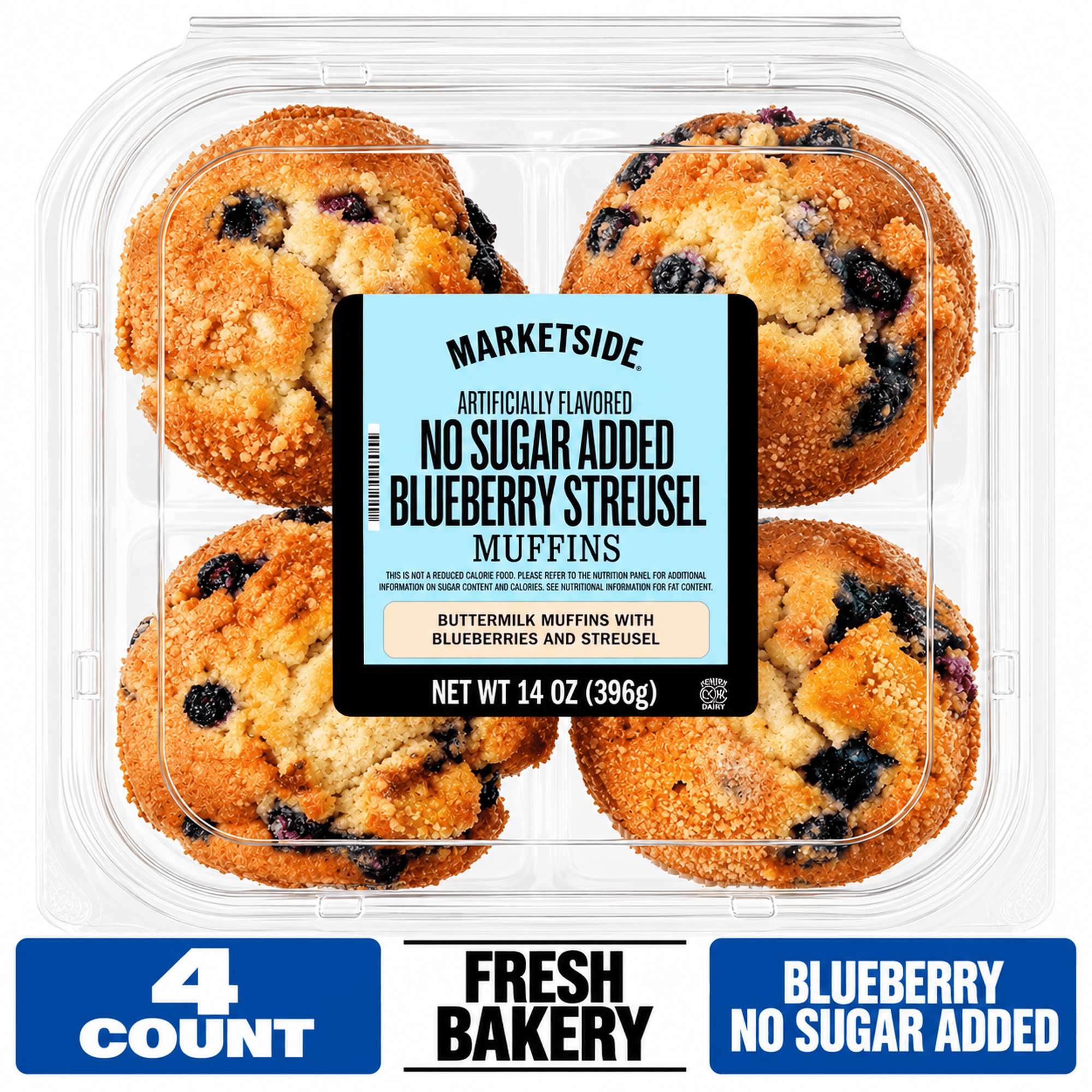 Marketside No Sugar Added Moist Blueberry Streusel Baked Muffins, 14 oz, 4 Count