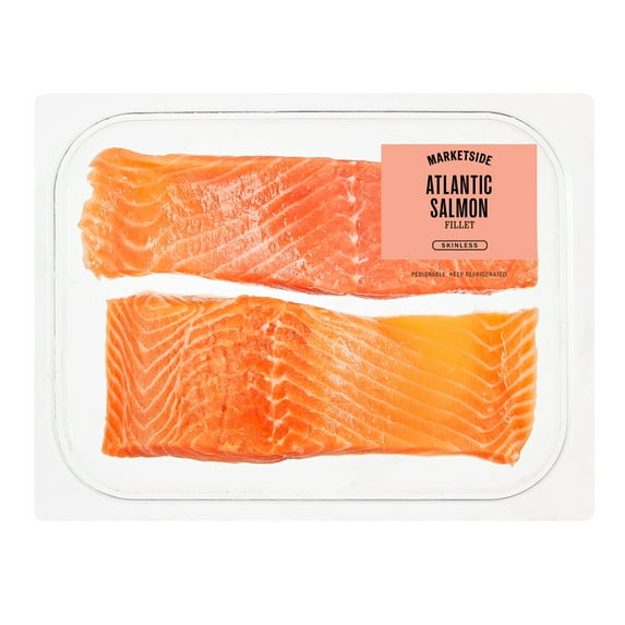 Fresh Skinless Atlantic Salmon Portions, 0.95 - 1.2 lb Tray. BAP 4 Star Certified. 23g Protein per 4 oz. (113 g) Serving.