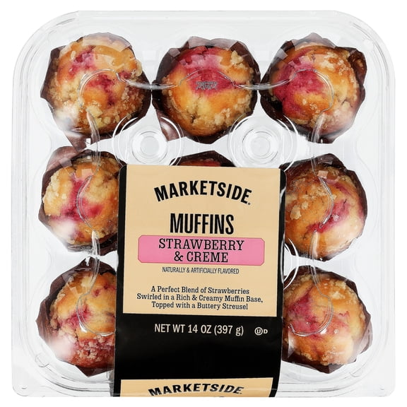 Marketside Strawberry & Creme Baked Muffins, 14 oz, 9 Count (Bakery Fresh, Breakfast Pastry)