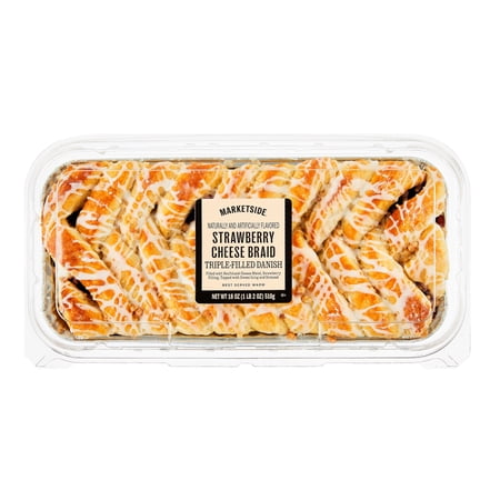 Marketside Triple-Filled Strawberry Cheese Braid Danish, Whole, 18 oz Clamshell, 10 Servings (Shelf Stable)
