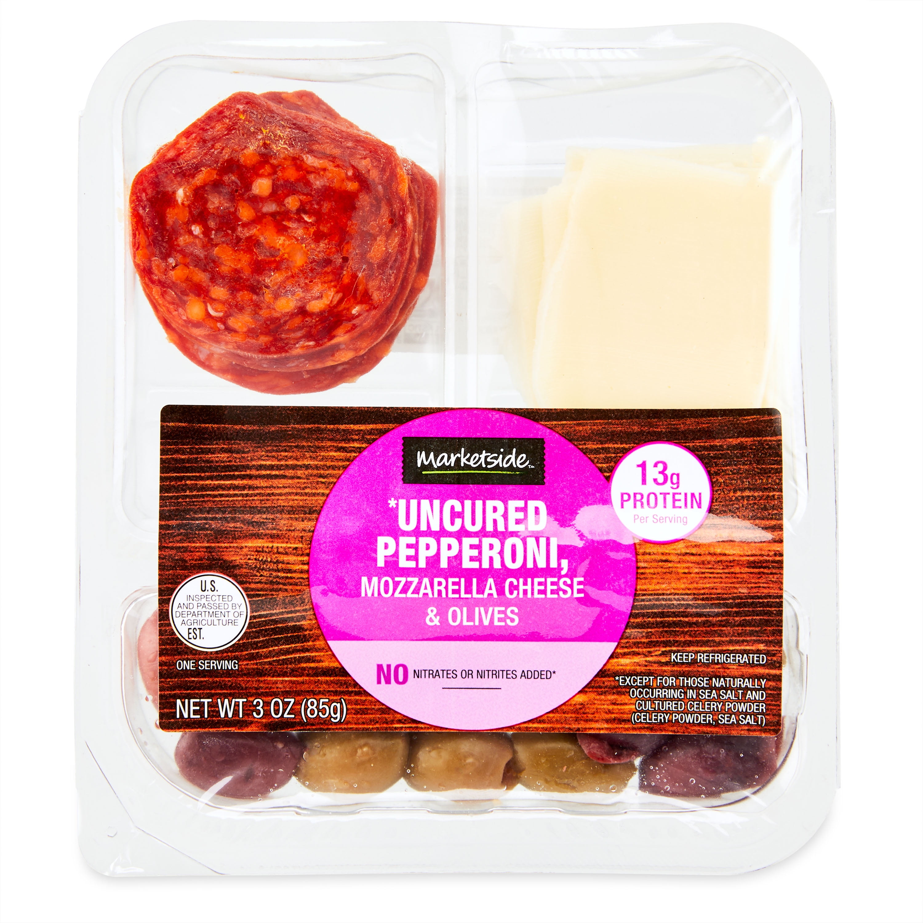 Marketside Uncured Sliced Pepperoni, Mozzarella Cheese Bites & Olives, 3 oz Plastic Tray