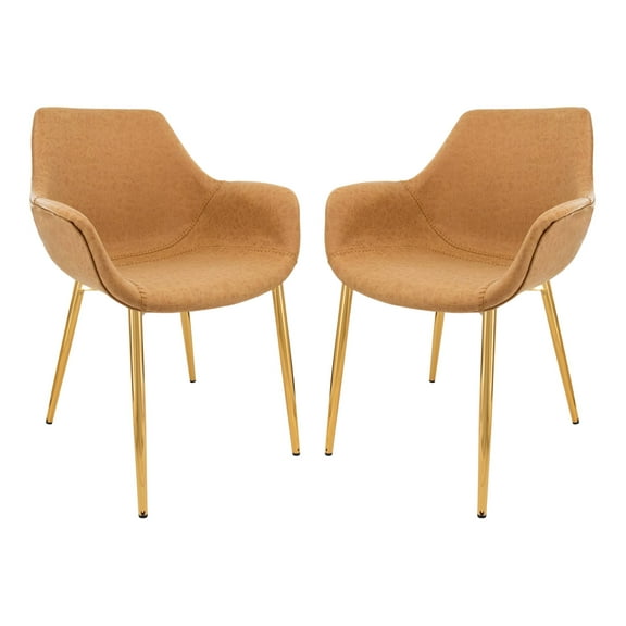LeisureMod Markley Modern Leather Dining Arm Chair With Gold Metal Legs Set of 2