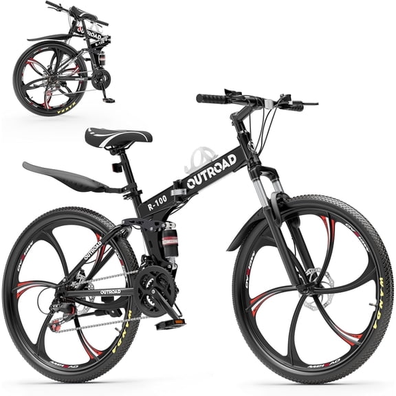 Marknig 26 Inch Folding Mountain Bike, 21 Speed Full Suspension High-Carbon Steel MTB Foldable Bicycle, Dual Disc Brake Non-Slip Folding Bikes for Adults, Black