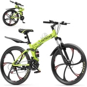 Marknig 26 inch Folding Mountain Bike, 21 Speed Full Suspension High-Carbon Steel Foldable Bicycle with Dual Disc Brake for Adults, Green